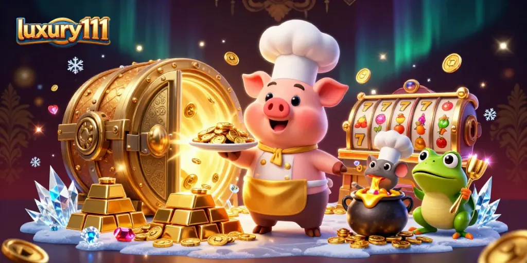 Experience the excitement of luxury111 slots with a chef pig serving gold coins amid vibrant casino elements.