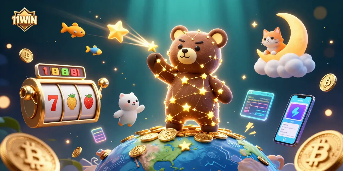 Engage in thrilling gaming moments with 11WIN, featuring golden constellation bear and crypto coins.