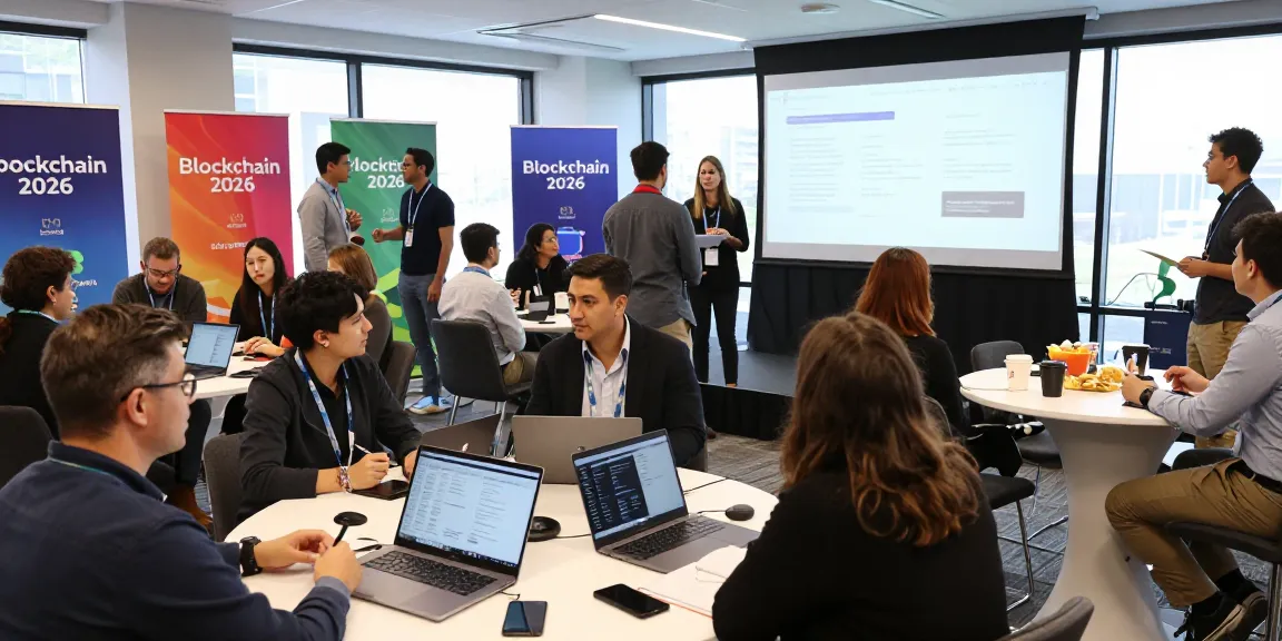 Attendees engaged at a blockchain 2026 conference networking and learning about innovative technologies.