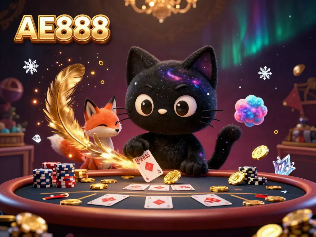 Experience the thrill of AE888 with a cosmic casino scene of a black hole cat and nebula fox.