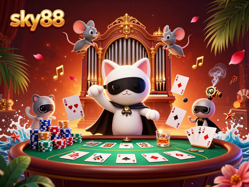Engage with sky88's dynamic casino scene featuring a stylish phantom cat, poker elements, and vibrant decor.