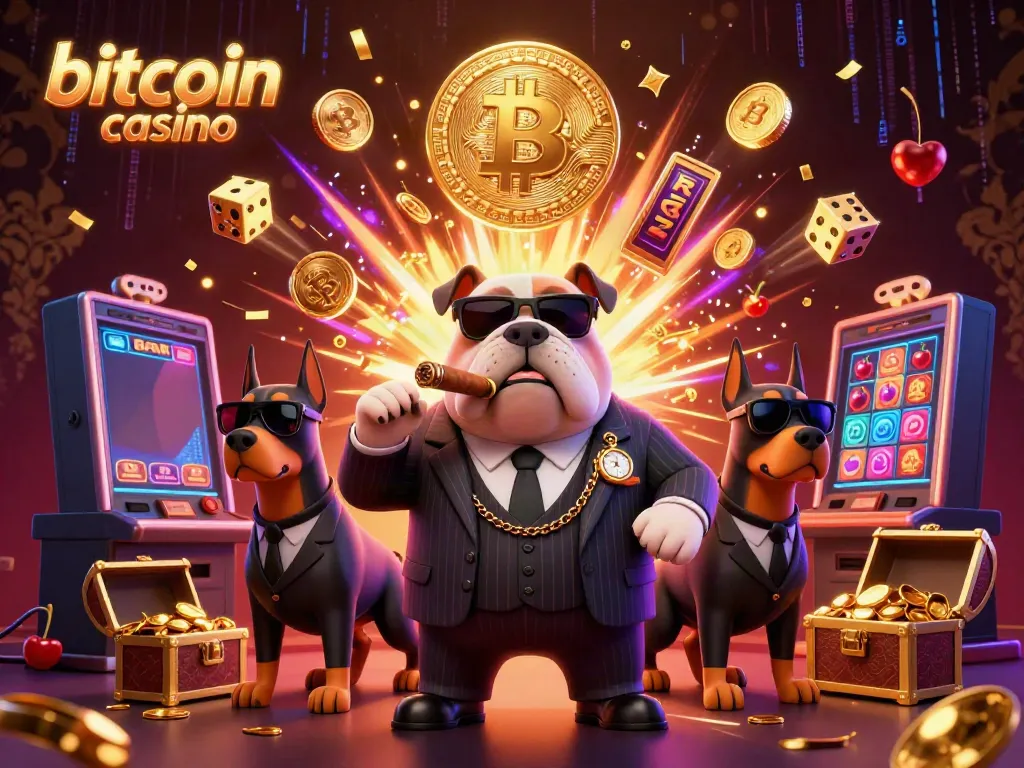 Experience the thrill of a bitcoin casino with a charismatic mafia bulldog and dynamic gaming elements.