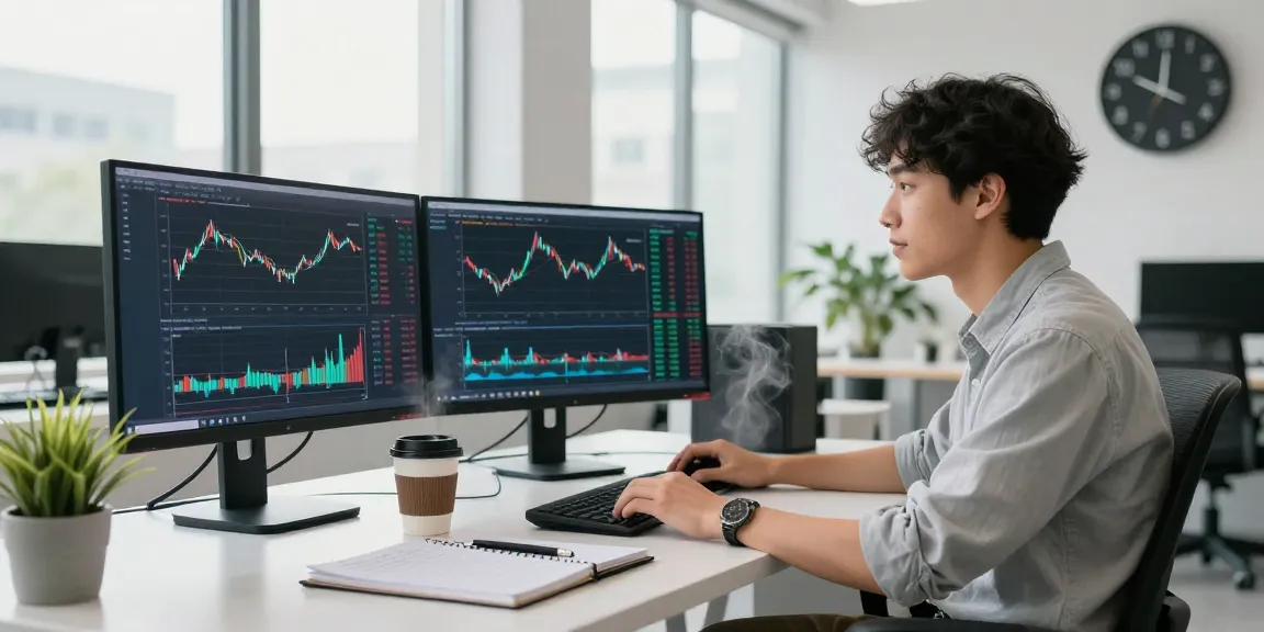 Kinetic KHype trading analysis with financial analyst reviewing cryptocurrency charts in a modern office.