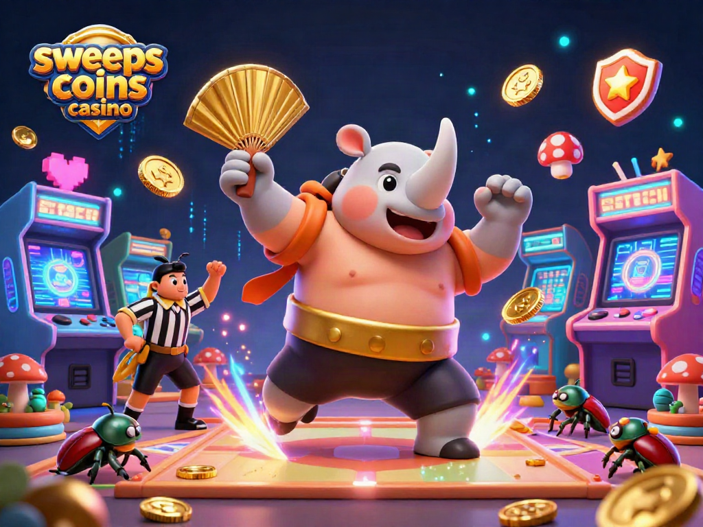 Engage with sweeps coins casino in a vibrant scene featuring beetle characters and gaming elements.