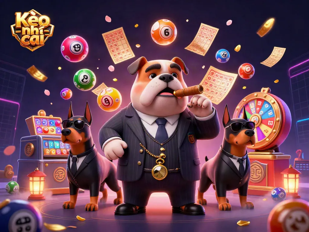 Engage with Kèo nhà cái illustrated by a mafia bulldog boss in a dynamic casino scene.