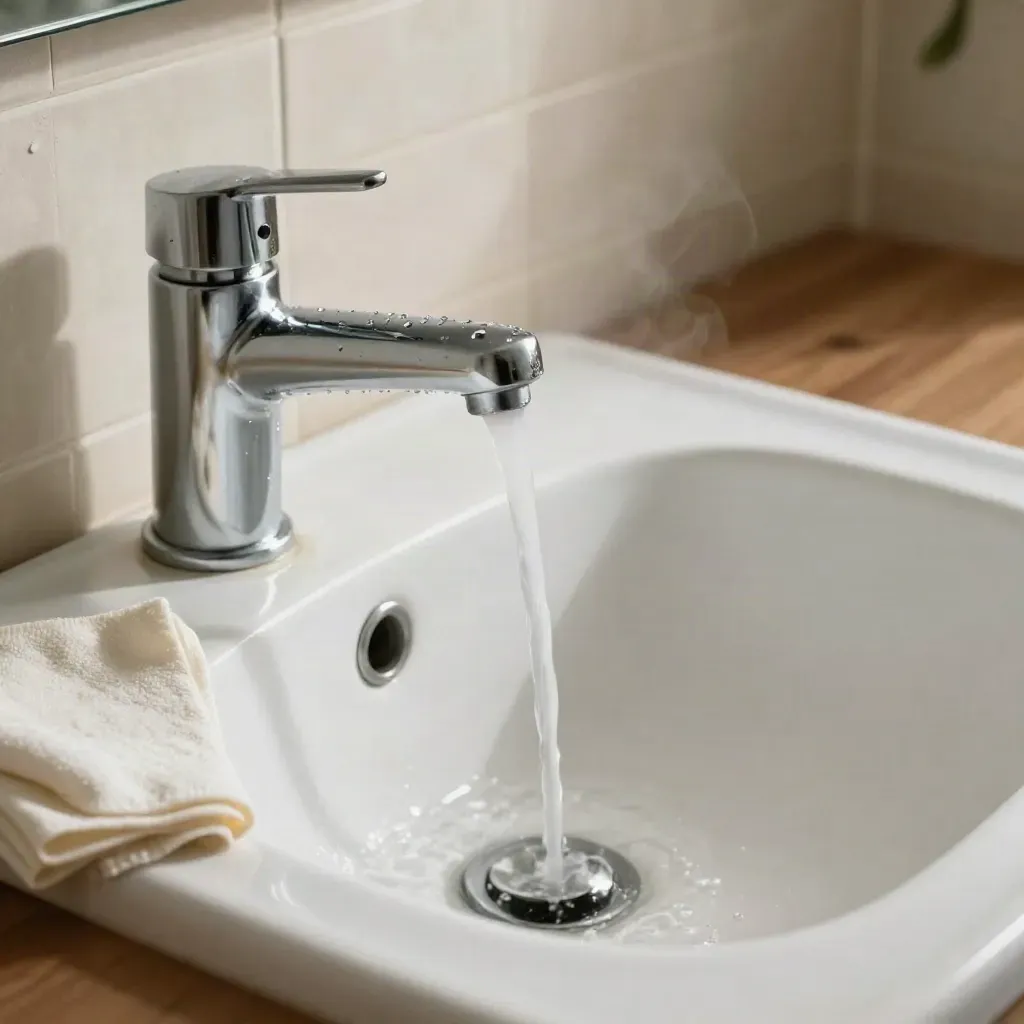 Chrome faucet pouring a clean arc into a white basin beside fresh tile and a folded cloth