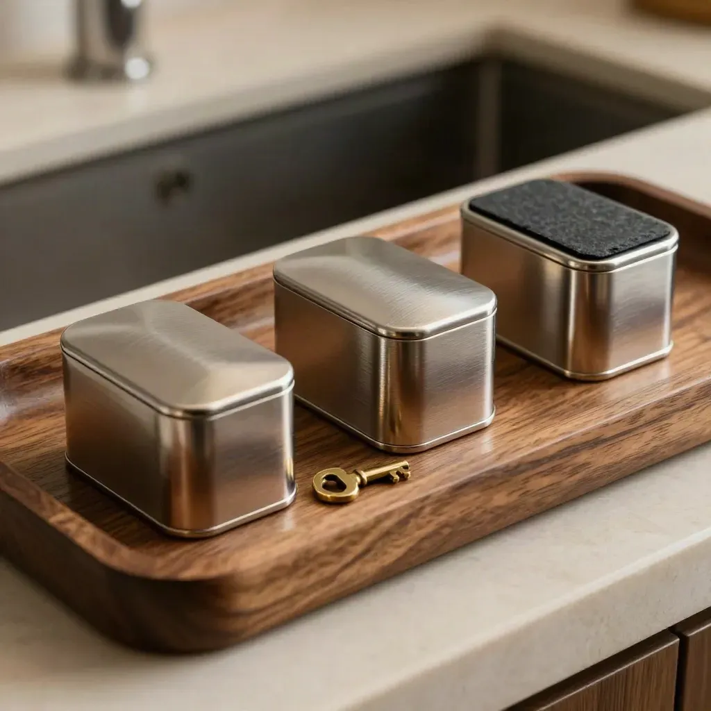 Three brushed-metal deposit capsules in a walnut tray with a brass key, lit dramatically.