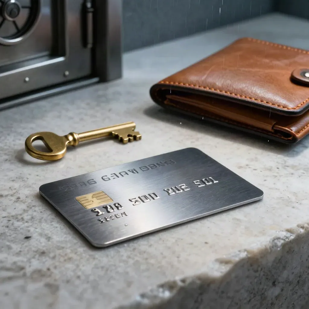 Metal debit card, brass key, and leather wallet on wet stone by a vault edge