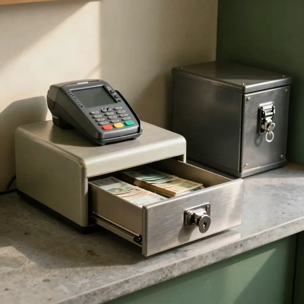 Open cash drawer, card terminal, shipping scale and lockbox in a moody small-business payment corner.