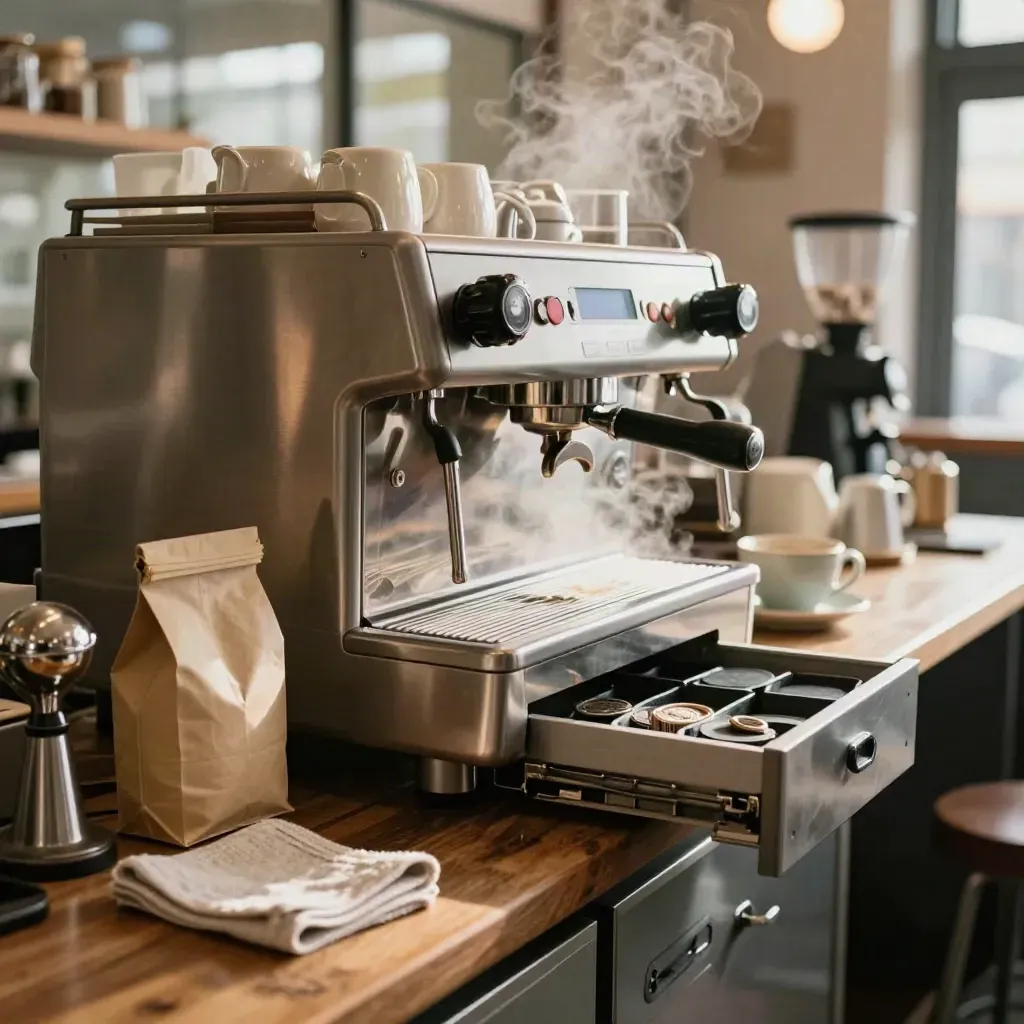 Steam rises over a café counter with espresso machine, open cash drawer, and deposit bag.