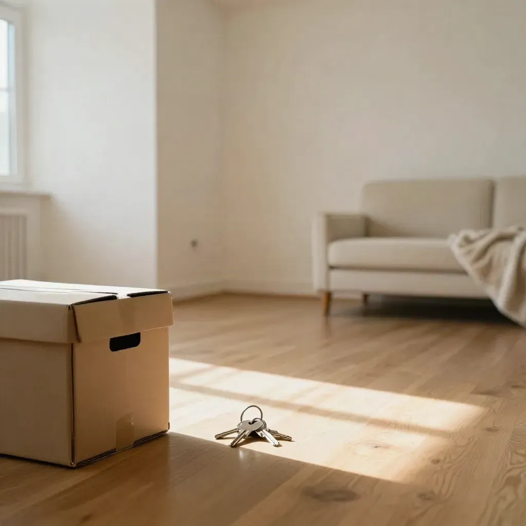 Empty painted living room with keys in front of a moving box, lit by warm window light.