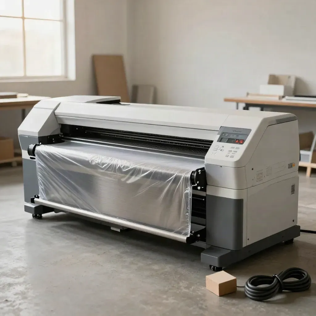 Large-format printer ready in a quiet workshop, with foam inserts, wrap, and cable nearby.