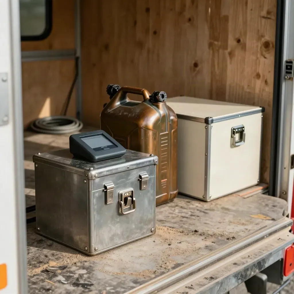 Lockbox, card reader, fuel can and supply bin inside a dusty jobsite trailer