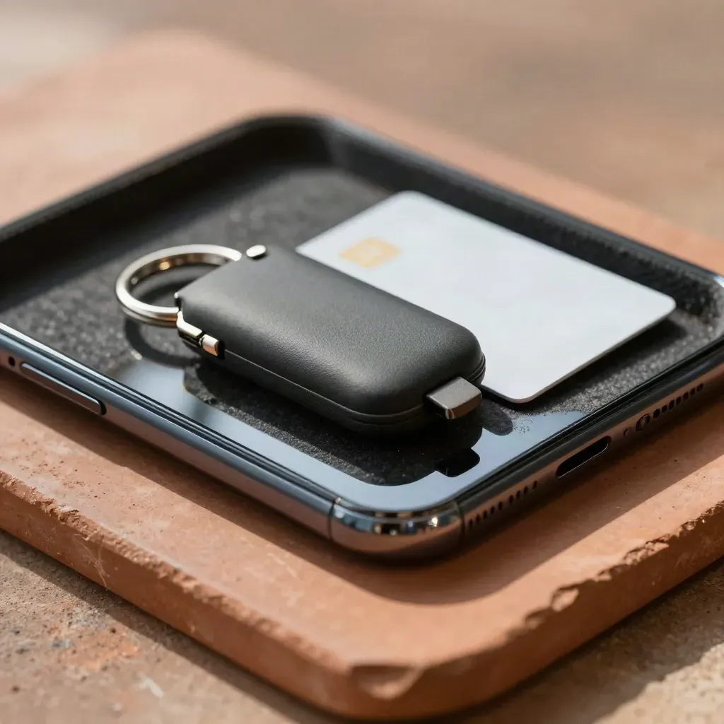 Smartphone edge, key fob, and contactless card in a dark felt tray on terracotta stone