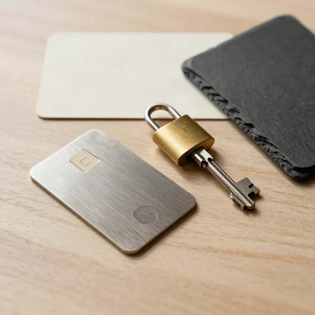 Overhead plan-set of a debit card, two keys, and a blank sleeve on pale oak