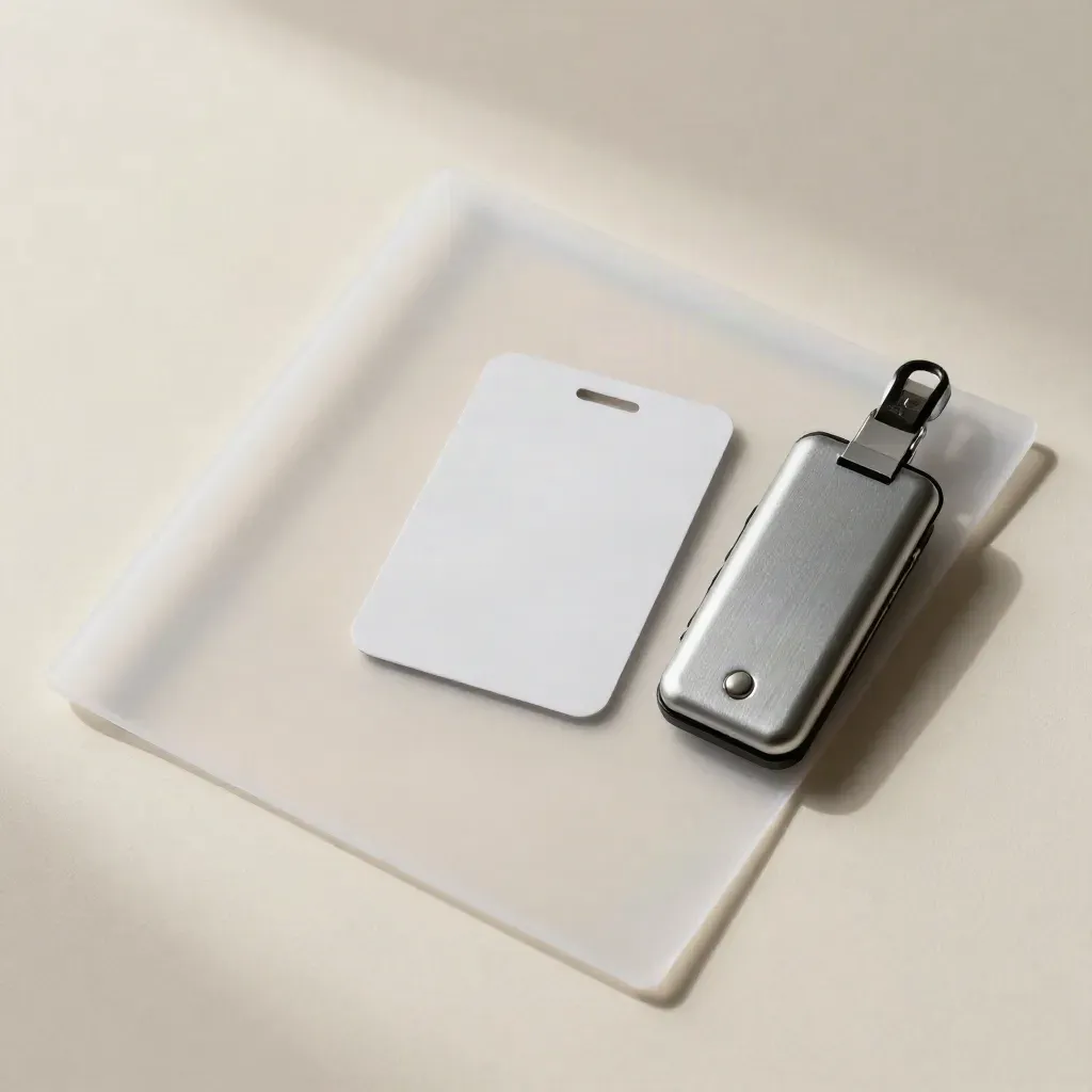 Overhead flatlay of a frosted ID sleeve and security fob on pale stone