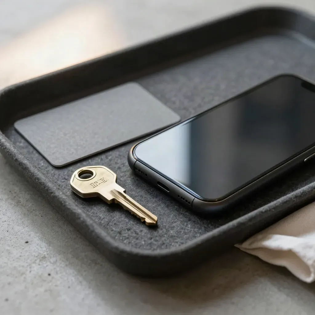 Smartphone, brushed-brass key and plain card on a felt tray with a soft app glow