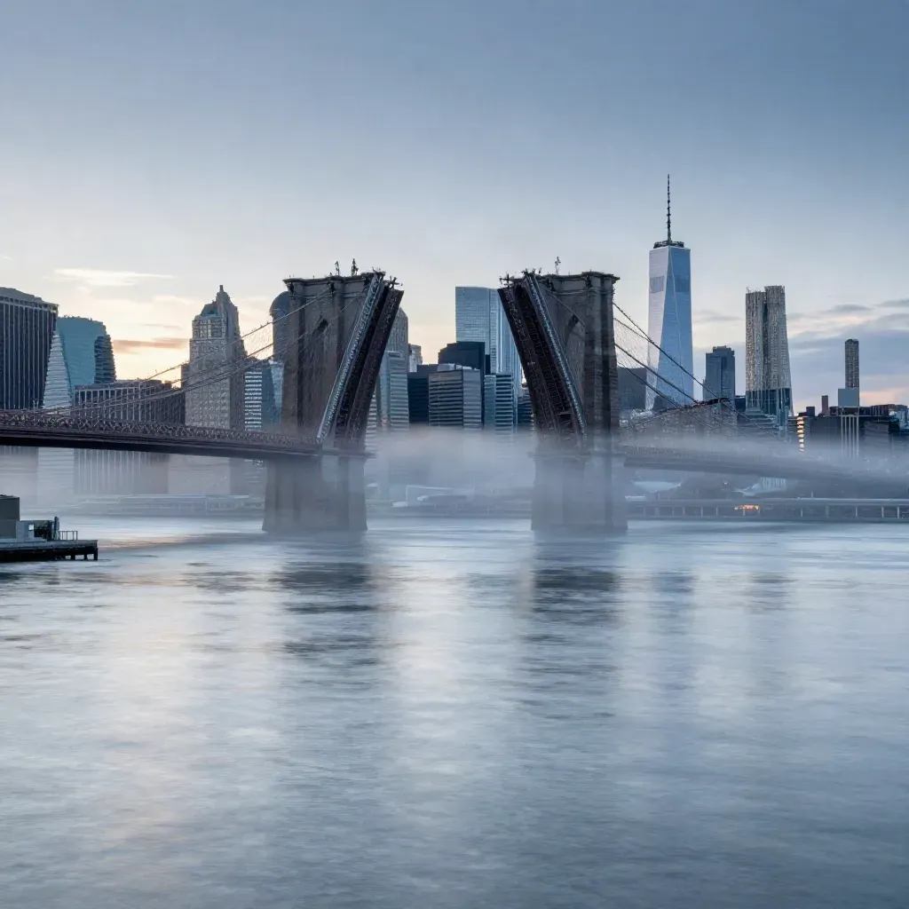 Manhattan skyline and East River under fog at blue hour, bridges high, calm water below