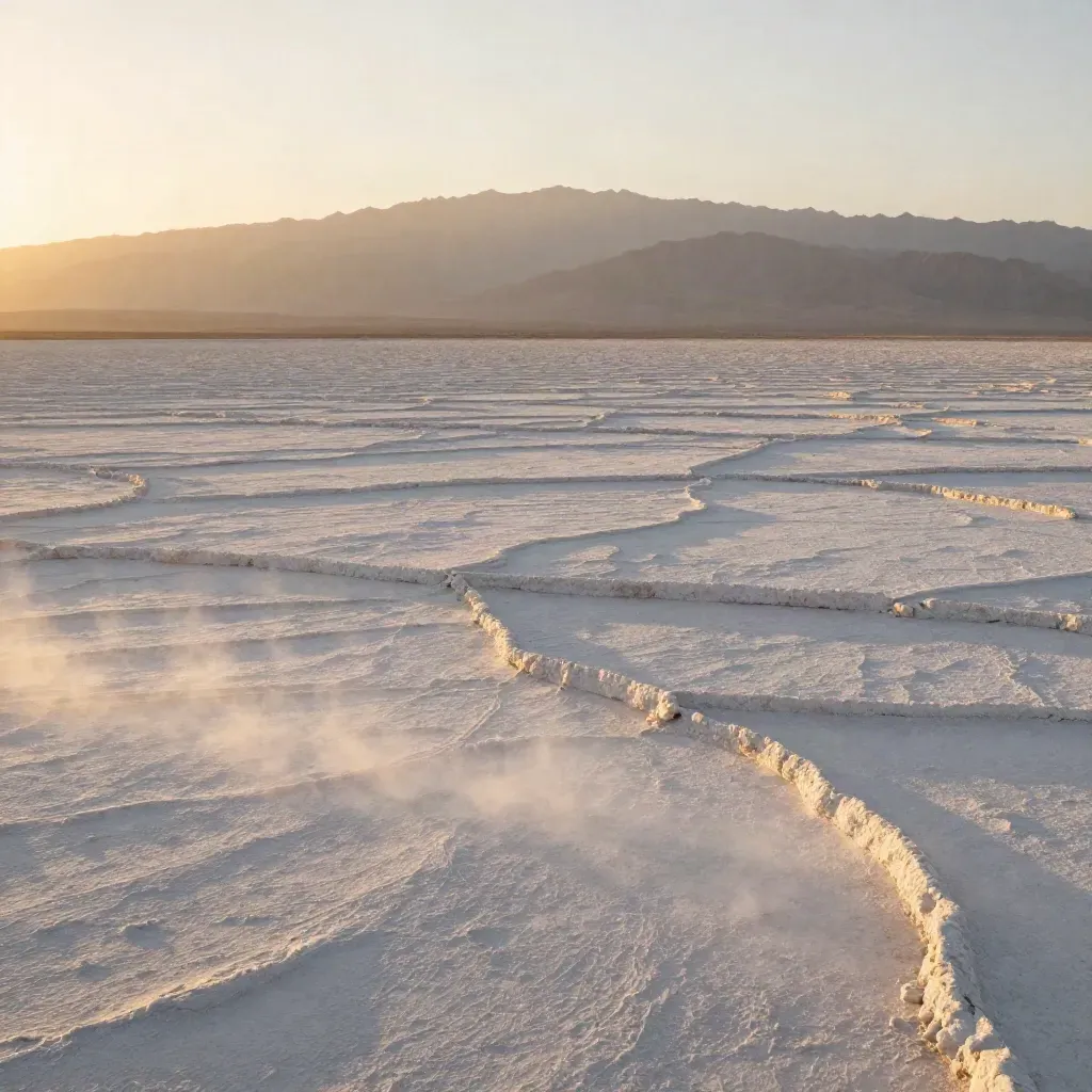 Salt flats and distant mountains in warm sunset haze with calm copy space.