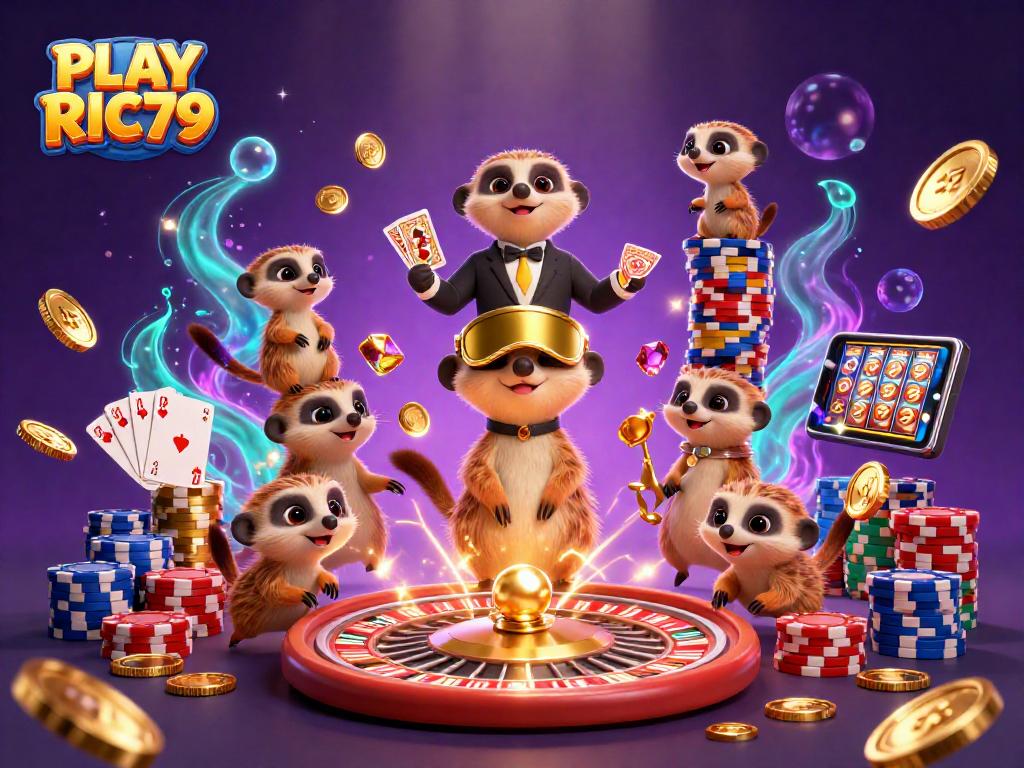 Engage in thrilling gameplay with PLAY RIC79 amidst a lively casino setup featuring animated meerkats.