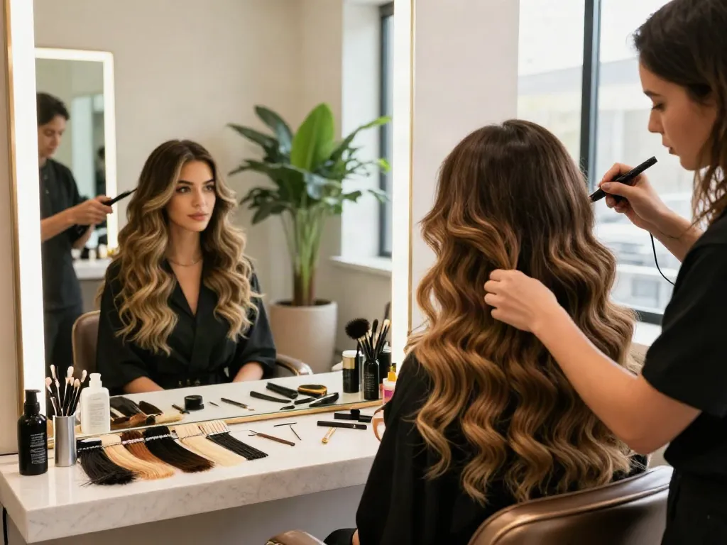 Hair extensions transformation in a stylish salon with a happy client and expert stylist.