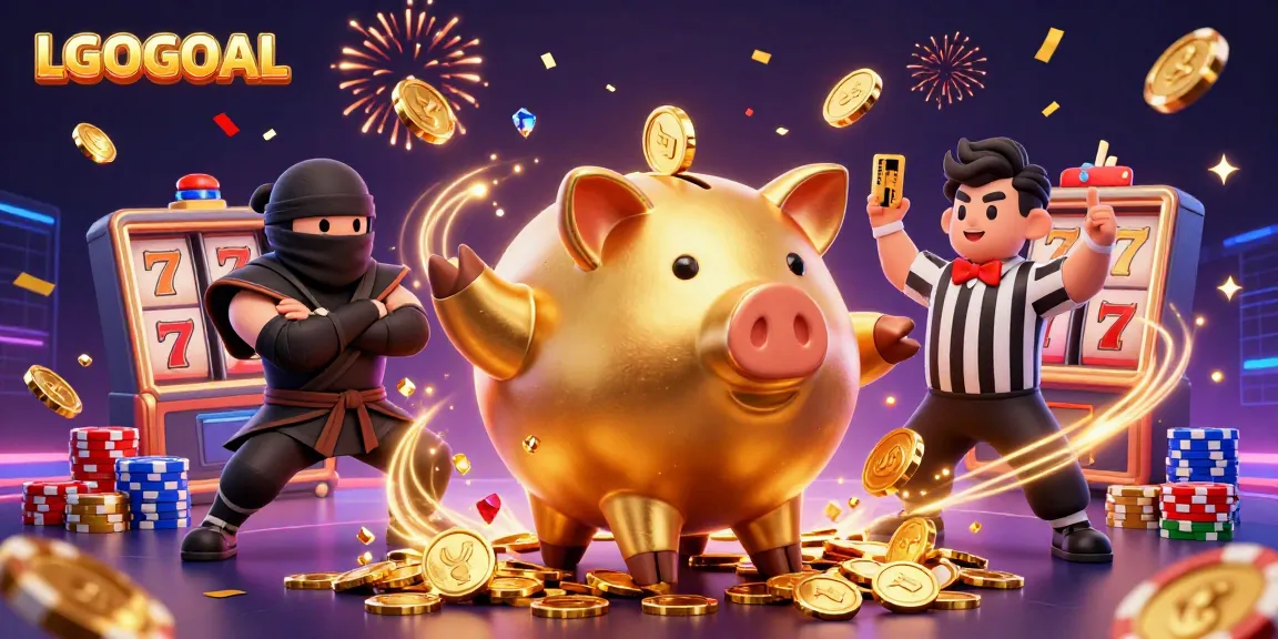 Engage with LGOGOAL's vibrant casino experience featuring the golden piggy bank character surrounded by exciting slot elements.