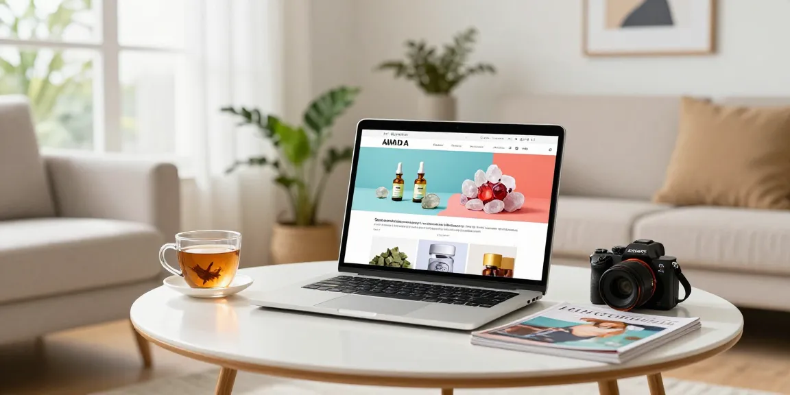 Shop for crystal MDMA online in a cozy home setting with stylish decor and vibrant products displayed on a laptop.