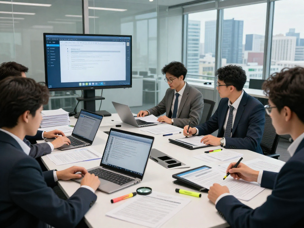 Document fraud detection team analyzing paperwork in a modern office.