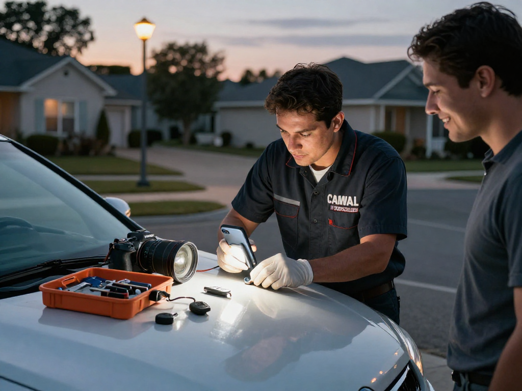 Locksmith in Tradition FL providing mobile car key services in an evening neighborhood.