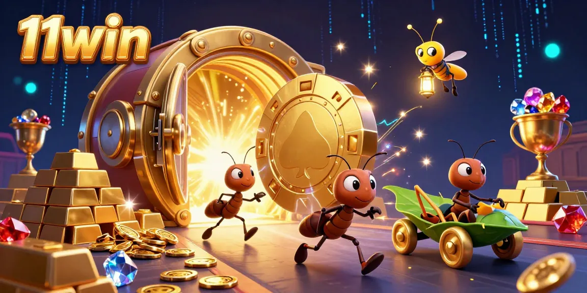 Join the excitement with 11win as cartoon ants steal a giant poker chip in a colorful casino heist scene.