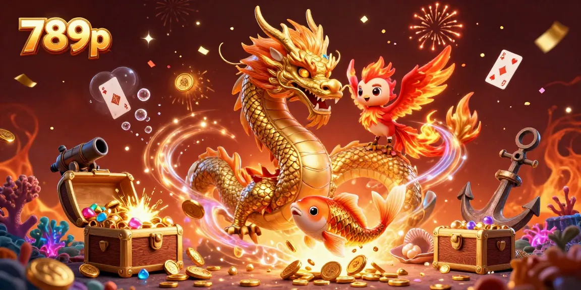 Play and win with 789p in this vibrant casino illustration featuring a dragon and phoenix amidst treasures.
