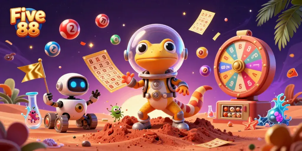 Experience the excitement of Five 88 with a Martian gecko discovering a golden casino amidst lottery elements.