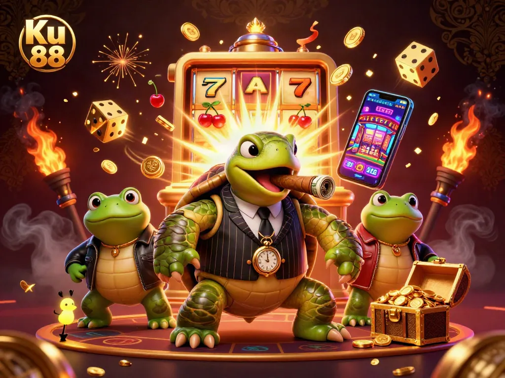 Ku 88 cartoon illustration showcasing a snapping turtle and bullfrogs amid vibrant casino elements.