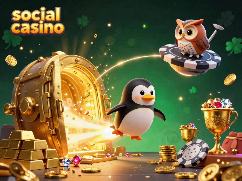 Experience the thrill of a social casino with vibrant 3D characters and gold treasures bursting from a vault.