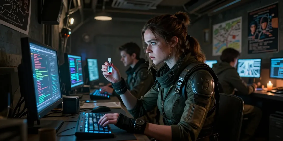 Emma Thorne in a dystopian underground hideout, reflecting a chosen one sci-fi rebellion against a government conspiracy.