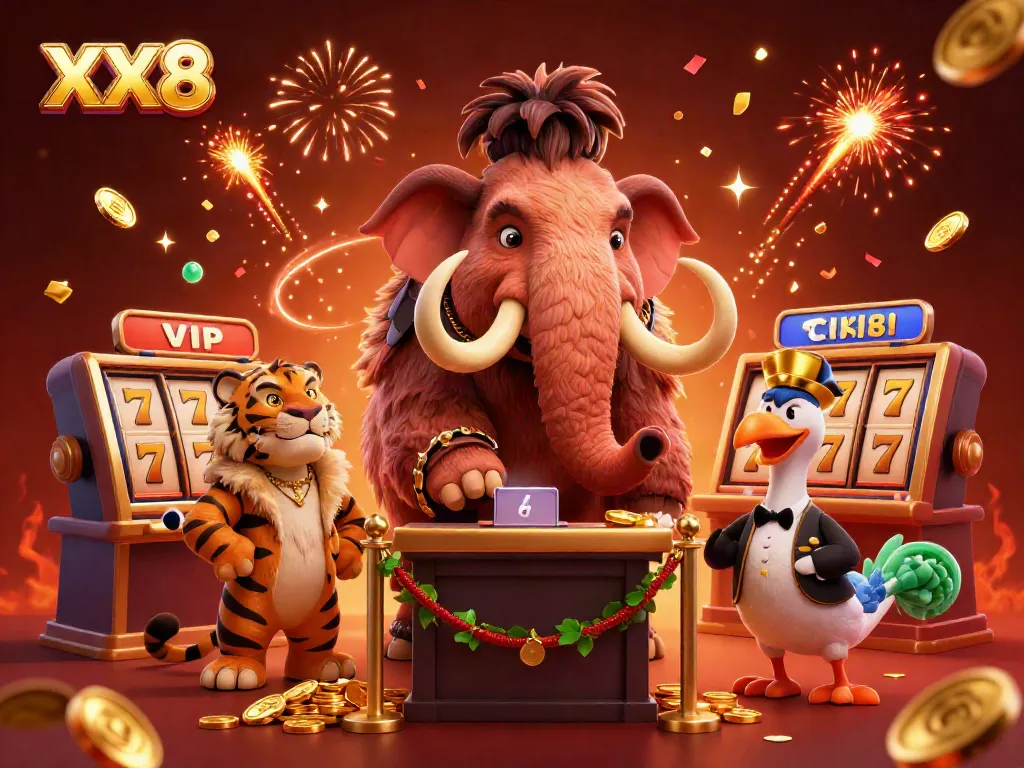 Experience the thrill of gaming with XX8, featuring a vibrant online casino scene with animated characters and festive elements.
