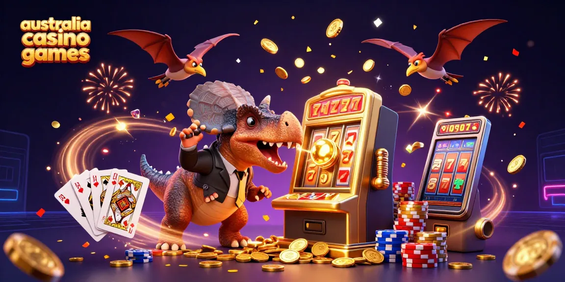 A thrilling scene of australia casino games featuring a pachycephalosaurus, jackpot slot machine, and flying coins.