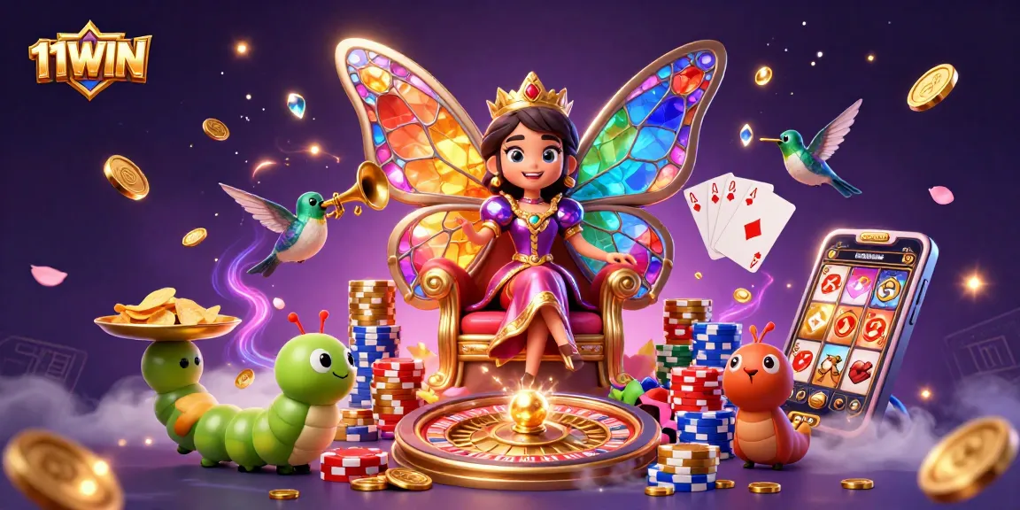 11WIN captures the excitement of gambling with a vibrant casino scene featuring a butterfly queen and a roulette wheel.