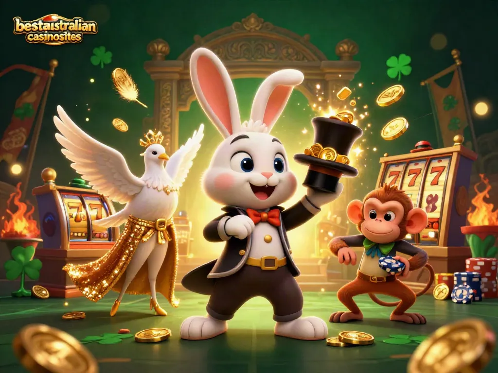 Experience the charm of bestaustraliancasinosites with a magical scene of playful casino characters and vibrant game elements.