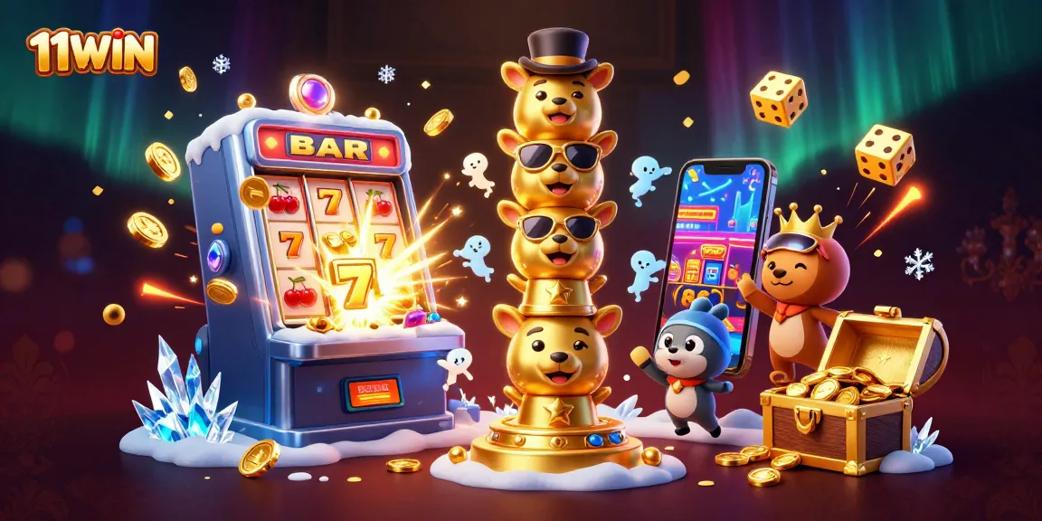 Win big with 11WIN's vibrant 3D illustration showcasing lively casino elements and playful characters.
