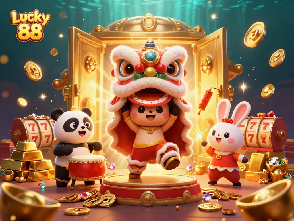 Spin the Lucky 88 slot with vibrant characters and dazzling treasures bursting from the scene.