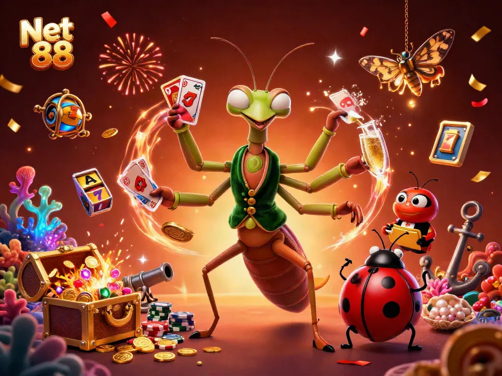 Experience excitement with Net 88 as the praying mantis dealer wins big at the casino.