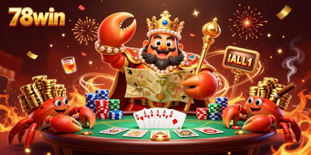 Experience the excitement of 78win with a vibrant 3D casino scene featuring a golden crab emperor and dynamic gaming elements.