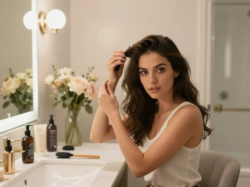 Hair topper for thinning hair enhancing volume, stylish woman in a modern bathroom.