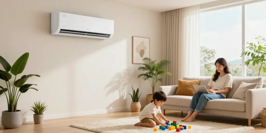 Modern living room with a mini split air conditioner cooling the space while a family enjoys comfort.