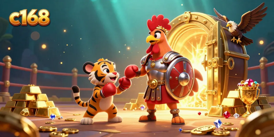 Experience thrilling cockfighting action at c168 featuring a gladiator rooster and treasures.