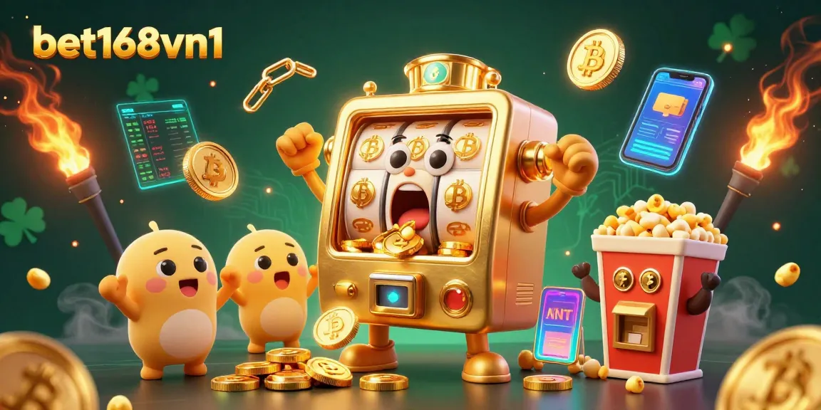 Win at bet168vn1 with this exciting slot machine illustration featuring amazing jackpots and coins!