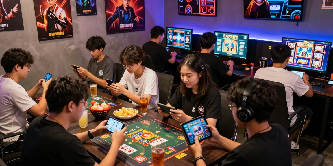Players enjoying Sunwin gaming experience in vibrant lounge setting.