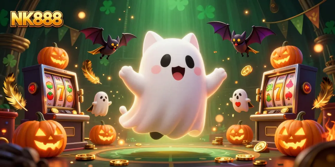 Engage in winning moments at NK888 with the friendly ghost cat and vampire bat in a haunted casino.
