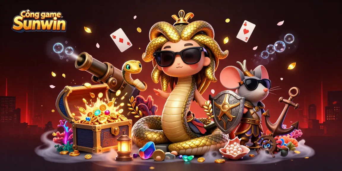 Cổng game Sunwin showcases Medusa and a warrior mouse in a vibrant online casino scene filled with treasure and gaming elements.